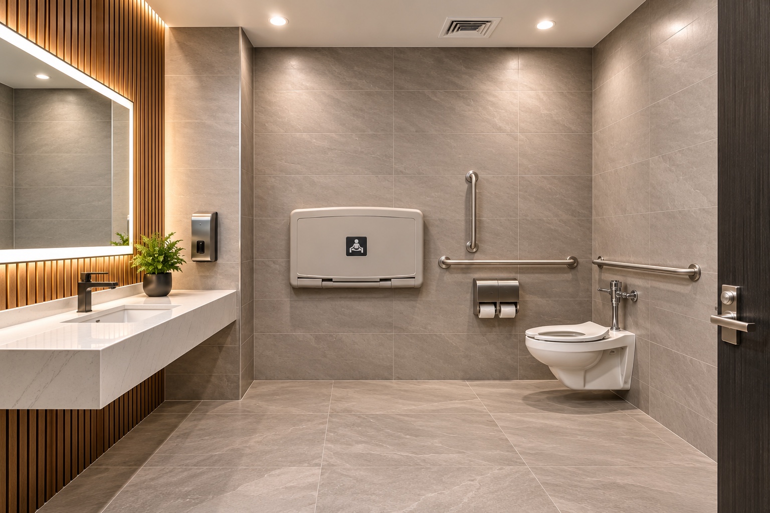 Commercial bathroom with grab bars and baby changing station