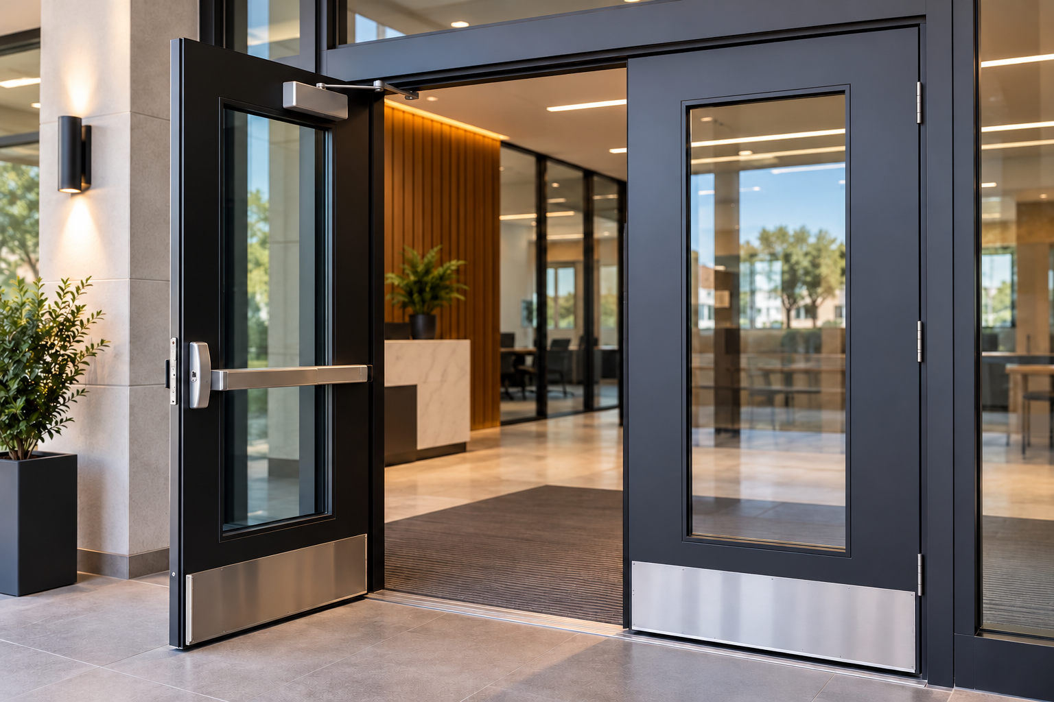 Commercial doors with a panic bar and door closer on the left door