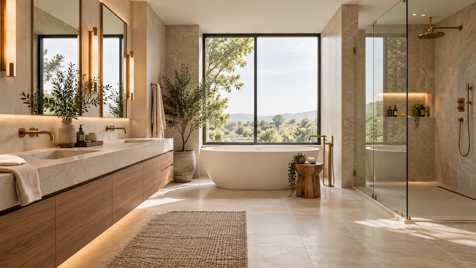 Modern bathroom with floating wood vanity