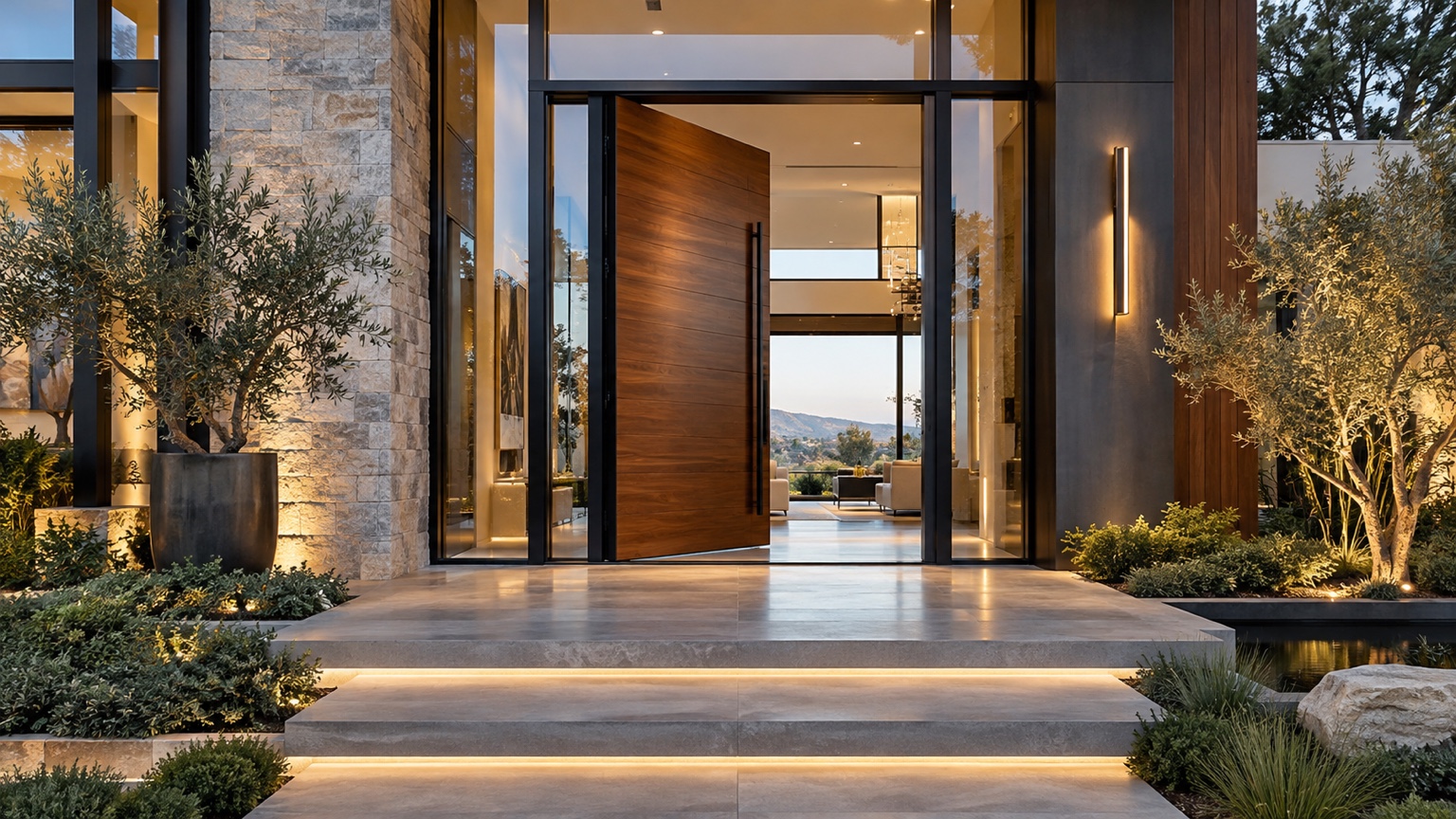 Modern home entrance with an oversized walnut pivot door