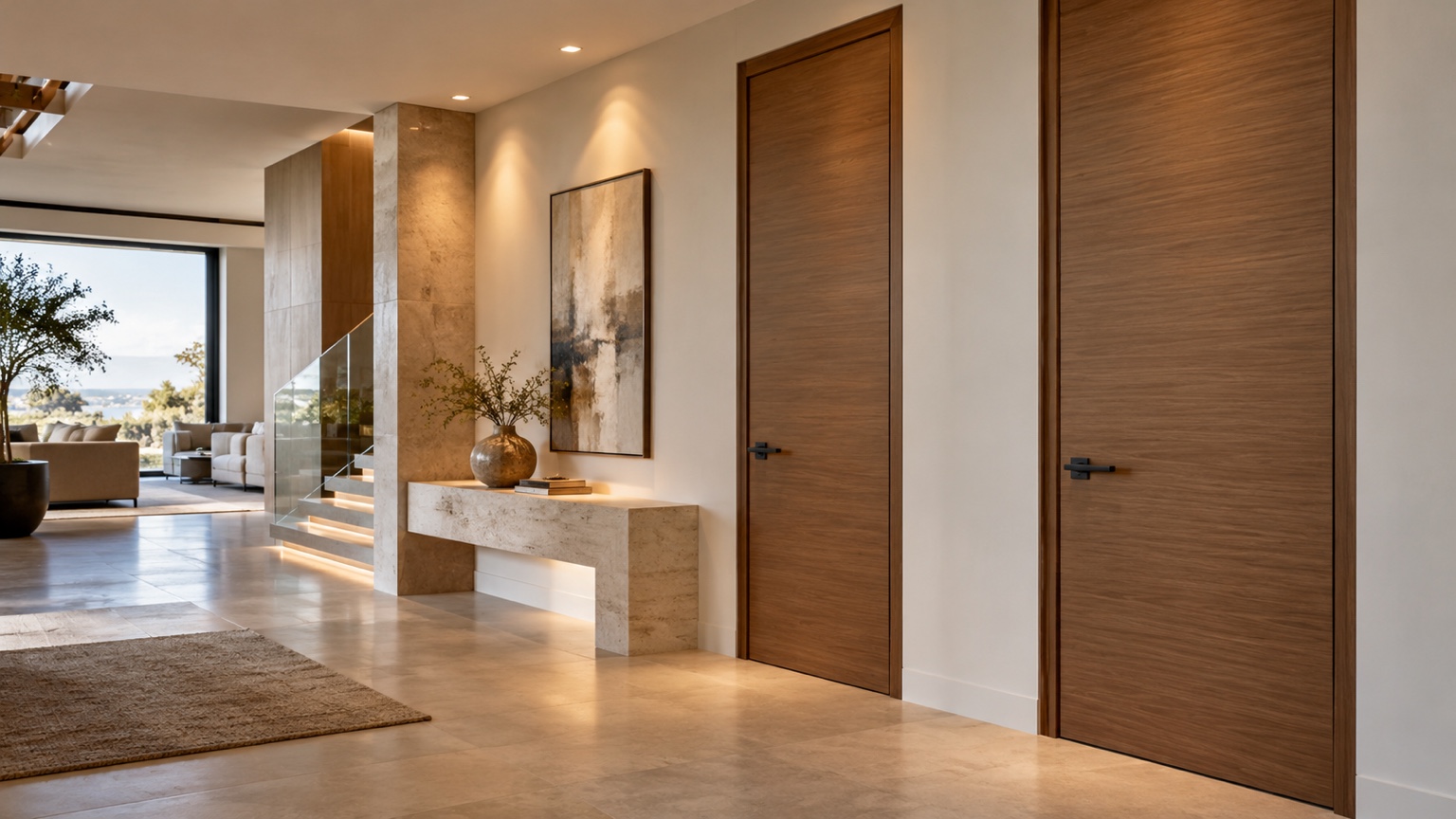 Modern wood interior doors with black lever handles