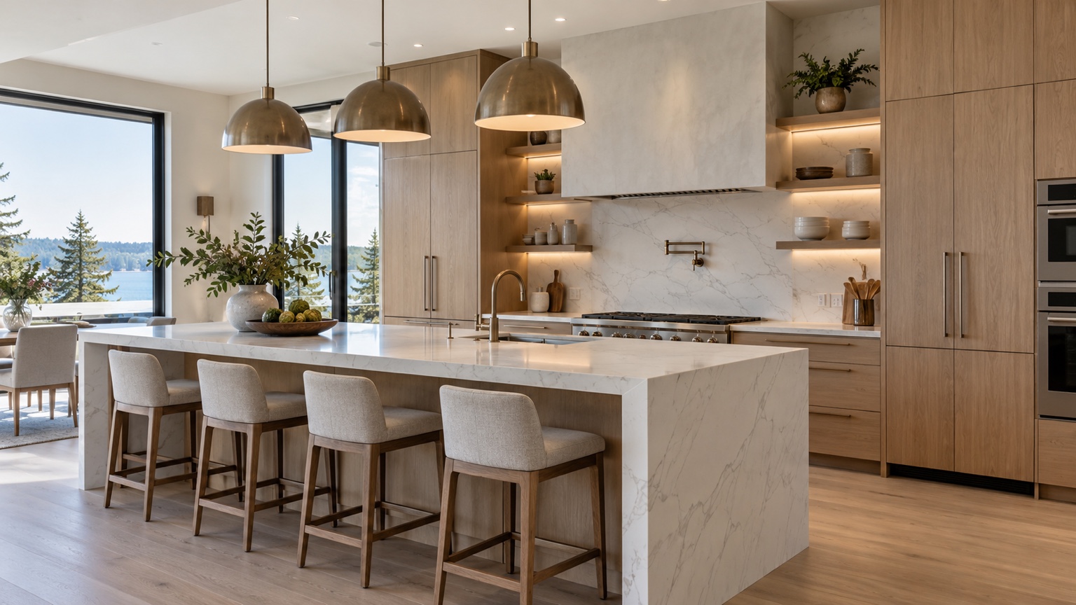 Modern kitchen with wood cabinets and a stone island