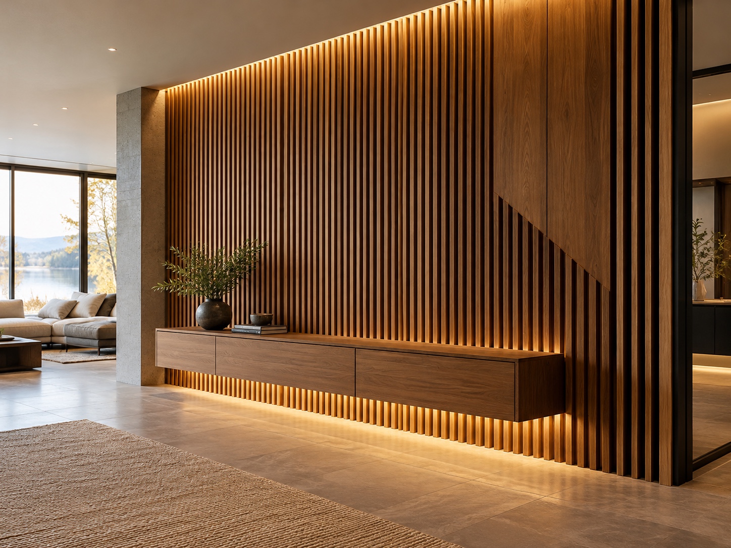 Architectural wood slat wall and floating cabinet